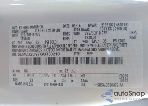 2016 Lincoln Mkc Select z USA, uszkodzony, nr VIN 5LMCJ2C97GUJ30210